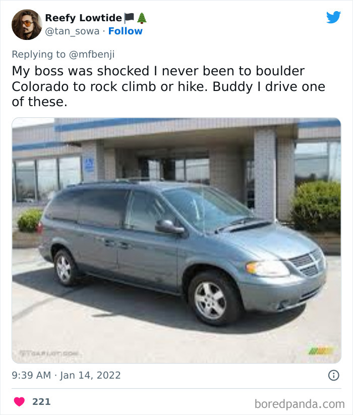 Tweet showing a gray minivan parked outside a building, highlighting privileged people disconnected from reality.