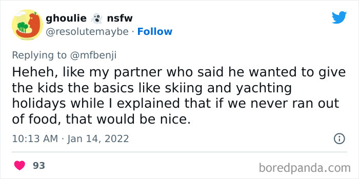 Tweet showing a privileged comment about giving kids skiing and yachting holidays, highlighting disconnect from reality.