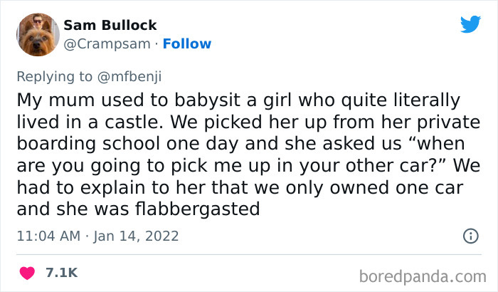 Tweet showing a privileged girl surprised by owning only one car, illustrating disconnect from reality by privileged people.