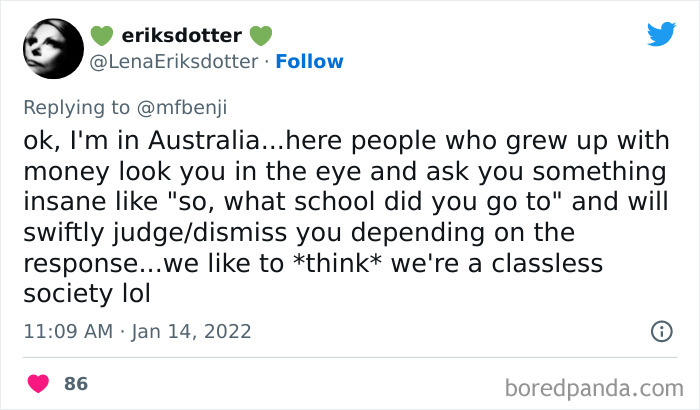 Tweet highlighting privileged people judging others by upbringing, showing how disconnected they are from reality.