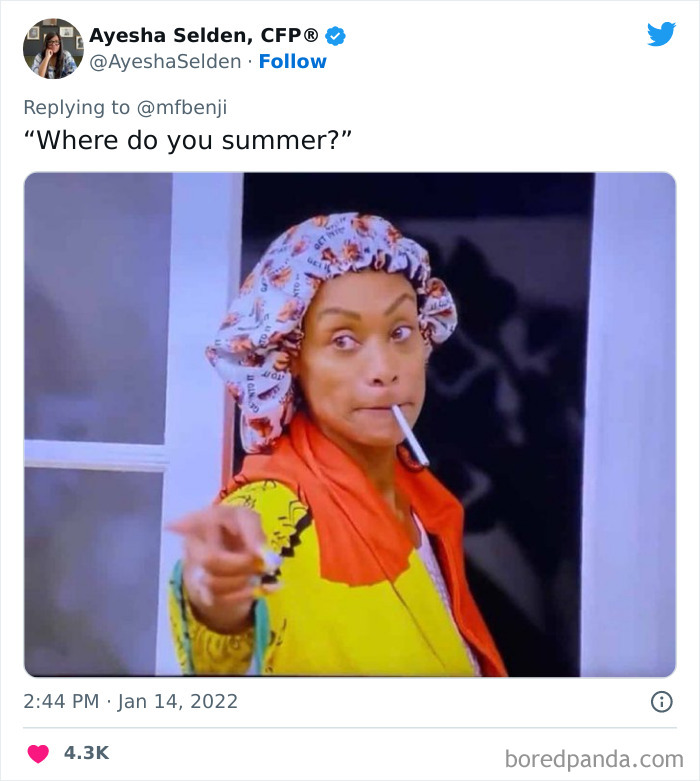 Woman in colorful clothes and bonnet pointing with cigarette in mouth, illustrating privileged people disconnected from reality.