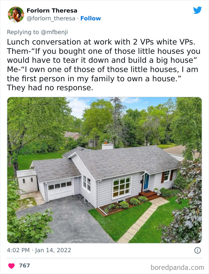 Tweet about a lunch conversation revealing privileged people disconnected from reality, featuring a small suburban house.