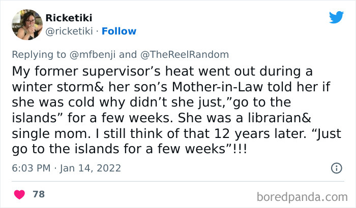 Tweet showing privileged comments about escaping winter storms by simply going to the islands, highlighting disconnect from reality.