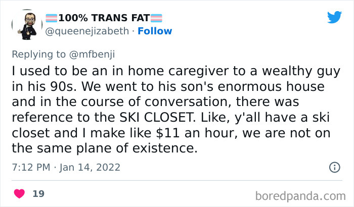 Tweet showing a privileged person referencing a ski closet, highlighting how disconnected they are from reality.