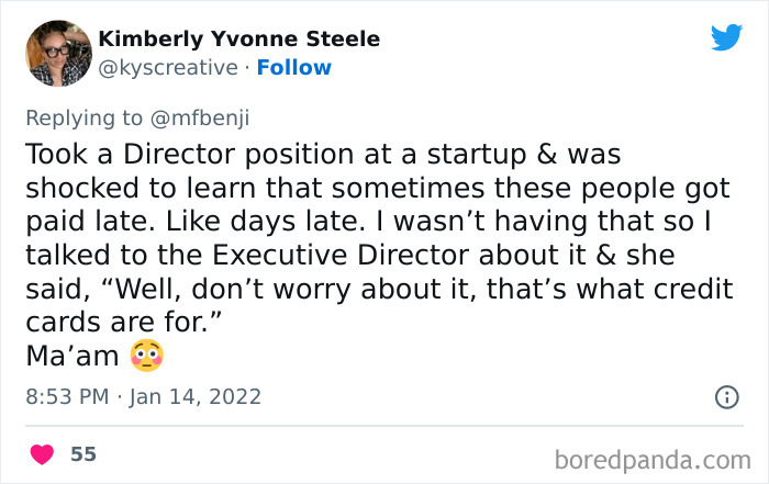 Tweet screenshot showing a privileged person disconnected from reality about late payments and credit card use.