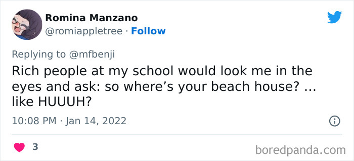 Tweet text about rich people showing disconnection from reality by asking about beach houses, highlighting privileged people quotes.