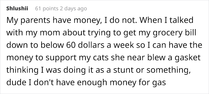 Text of a social media comment discussing financial struggles, illustrating privileged people disconnected from reality.