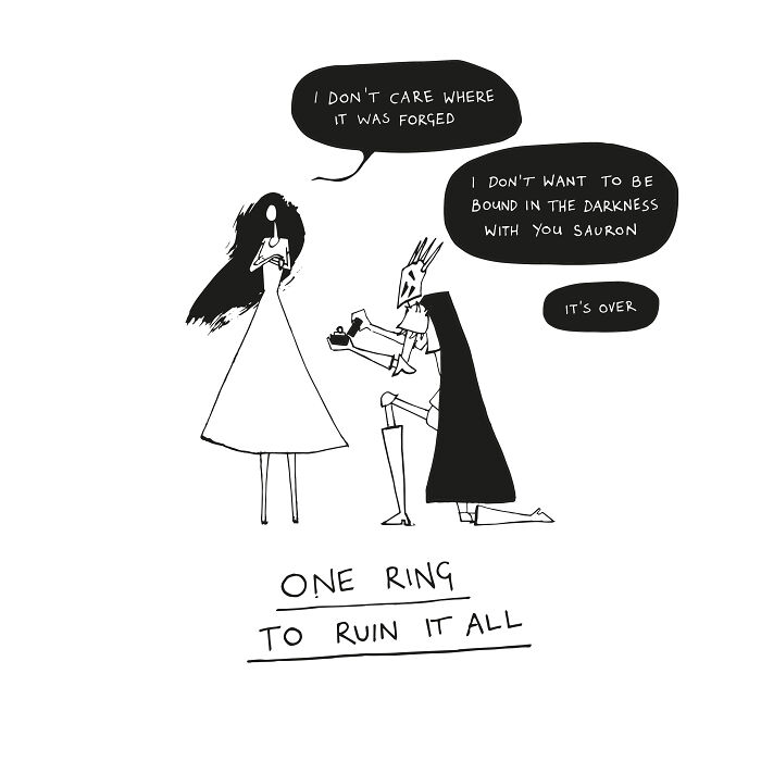 Minimalist comic with characters referencing One Ring, featuring humor and creativity in dumb comics for smart people.