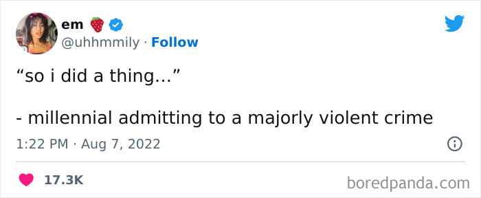 Tweet from a woman humorously admitting to a violent crime, featured in funniest tweets from women to make you ROFL.