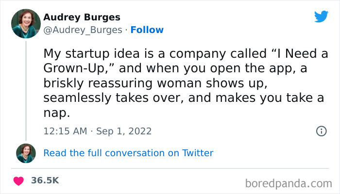 Tweet about a funny startup idea featuring a reassuring woman helping users relax, part of funniest tweets from women.