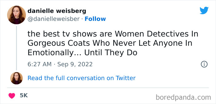Tweet from woman humorously describing favorite TV shows featuring women detectives in stylish coats, part of funniest tweets collection.