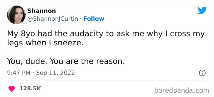Tweet from a woman about crossing her legs when sneezing, featured in funniest tweets from women this week.