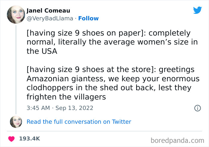 Tweet humor about women's shoe size struggles, featured in funniest tweets from women that will make you ROFL.