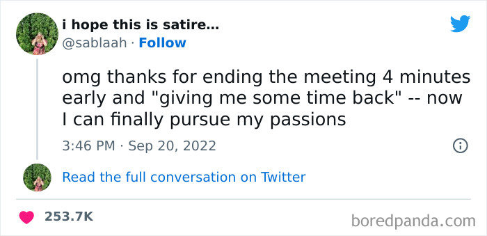Funny tweet from a woman about gaining time back after early meeting end, part of funniest tweets collection this week.