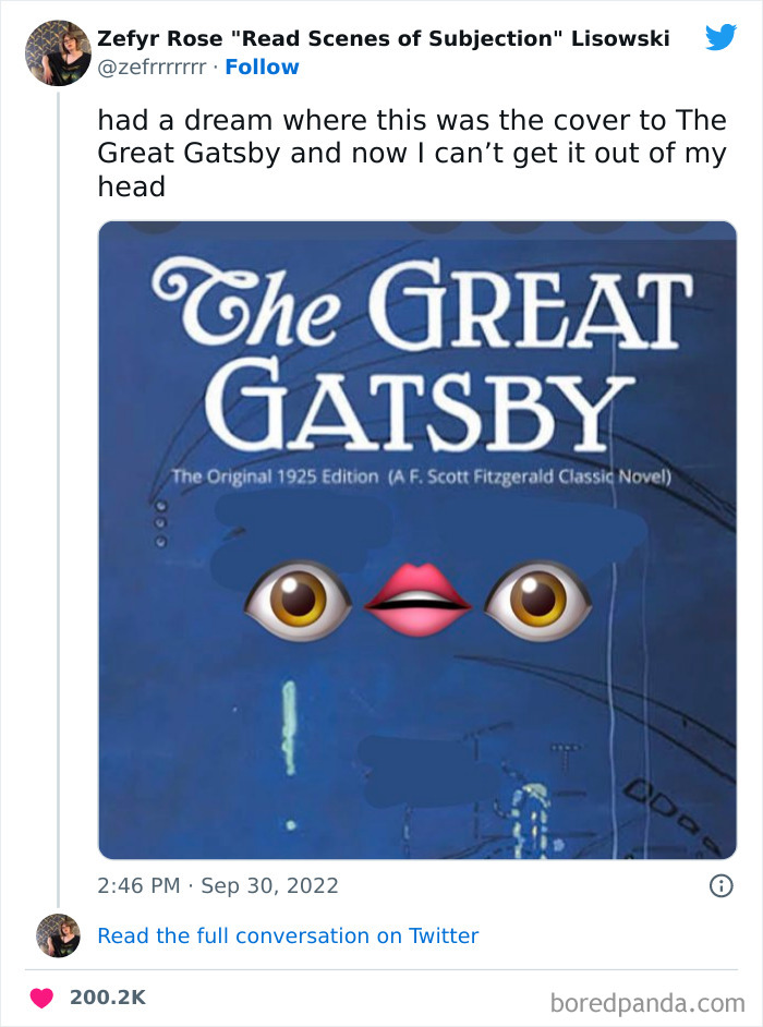 Tweet showing a humorous take on The Great Gatsby cover with emoji eyes and lips, featured in funniest tweets from women.
