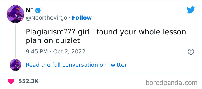 Tweet from a woman humorously calling out plagiarism of a lesson plan on Quizlet, part of funniest tweets collection.