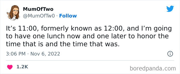 Tweet from a woman humorously discussing time and lunch, part of funniest tweets from women that make you ROFL.