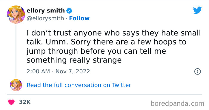 Tweet from a woman sharing a funny take on small talk in a post featured in funniest tweets from women.