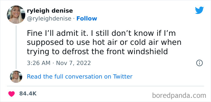 Tweet by a woman humorously debating using hot or cold air to defrost a windshield, capturing funniest tweets from women.