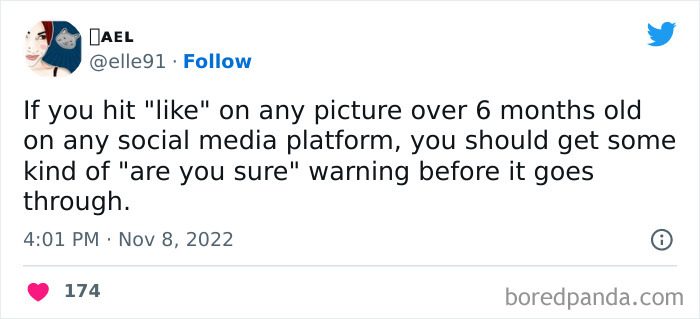 Tweet from a woman humorously suggesting a warning before liking pictures over 6 months old on social media.
