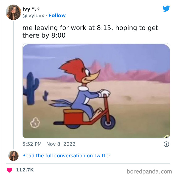 Cartoon woodpecker riding a small red scooter in a desert, illustrating one of the funniest tweets from women this week.