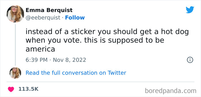 Funny tweet from a woman about voting and hot dogs, highlighting popular tweets from women that make you ROFL.