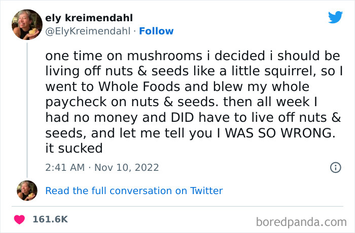 Tweet about living like a squirrel by spending paycheck on nuts and seeds, featured in funniest tweets from women.