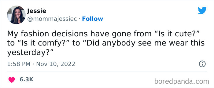 Tweet from a woman humorously sharing her evolving fashion decisions, featured in funniest tweets from women this week.