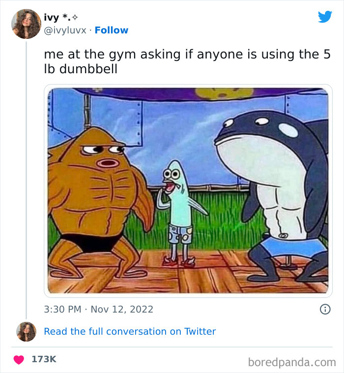 Tweet humor showing cartoon fish at the gym asking to use a 5 lb dumbbell, highlighting funniest tweets from women.