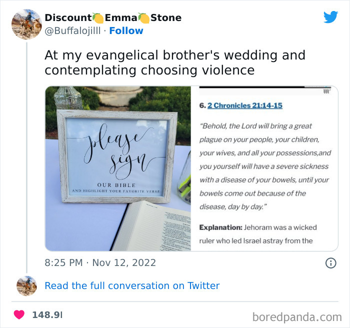 Funny tweet from a woman at a wedding with a sarcastic Bible verse, showcasing humor in viral women’s tweets.