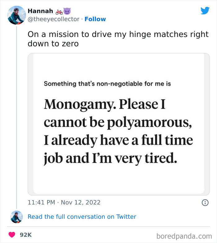 Tweet from a woman humorously stating monogamy is non-negotiable due to being tired from a full-time job, funny tweets.