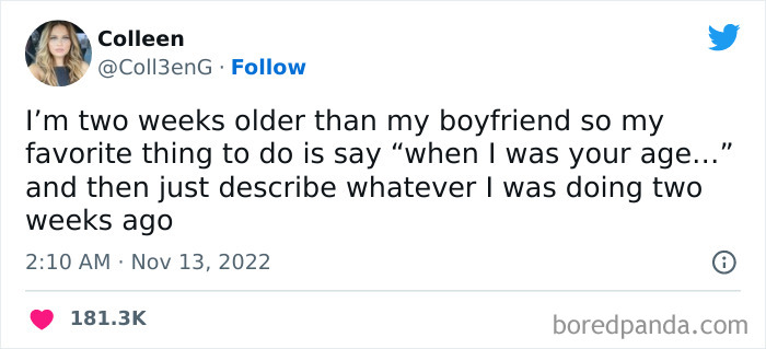 Tweet from a woman humorously describing age difference with her boyfriend, part of funniest tweets from women this week.