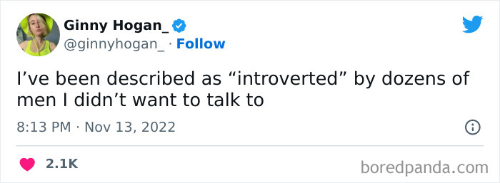 Tweet about introverts humorously describing being called introverted by men, related to funniest tweets from women this week.