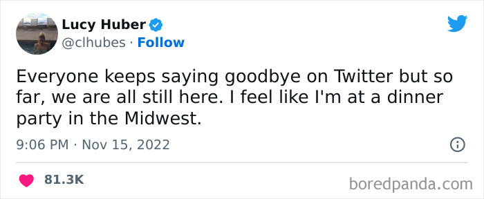 Tweet from a woman humorously comparing Twitter goodbyes to a Midwest dinner party, part of funniest tweets collection.
