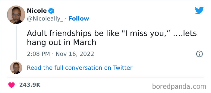 Tweet from a woman humorously describing adult friendships, part of funniest tweets from women to make you ROFL.