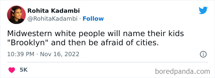 Tweet by woman humorously commenting on naming kids Brooklyn while fearing cities, showcasing funniest tweets from women.