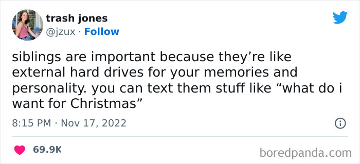 Tweet about siblings compared to external hard drives for memories and personality, part of funniest tweets from women.