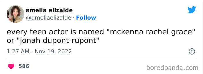 Tweet from a woman humorously commenting on common teen actor names, part of funniest tweets from women this week.