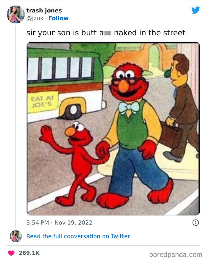Tweet showing funny Sesame Street characters with a humorous caption, part of funniest tweets from women collection
