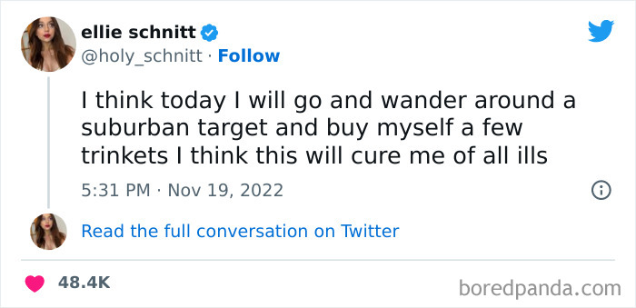 Screenshot of a funny tweet from a woman about shopping for trinkets, part of funniest tweets from women collection.