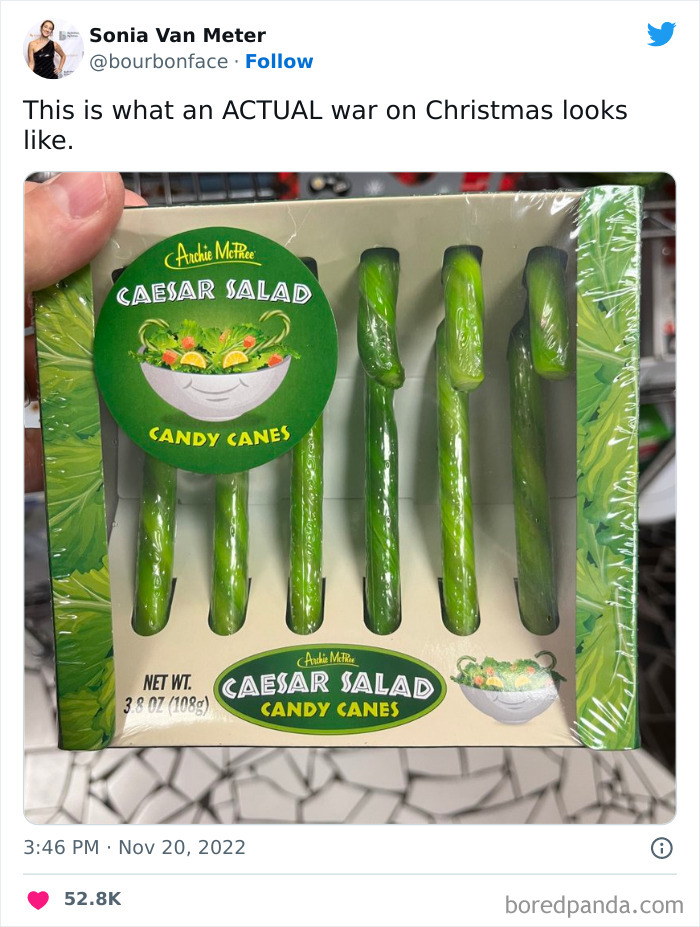 Tweet showing a humorous photo of green Caesar salad candy canes, part of the funniest tweets from women this week.