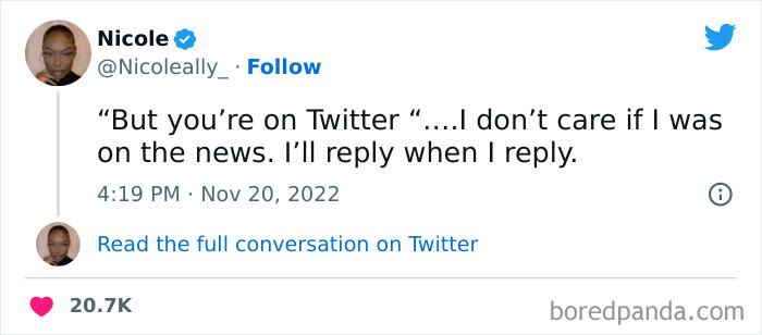 Tweet from a woman humorously responding about replying on Twitter, part of funniest tweets collection.