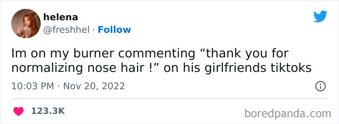 Tweet from a woman humorously normalizing nose hair on TikTok, featured in funniest tweets from women this week.