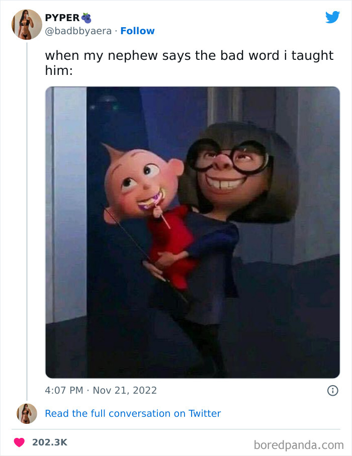 Cartoon woman holding a baby with a mischievous smile, featured in funniest tweets from women for humor and ROFL moments.