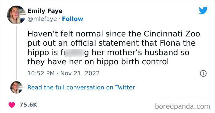 Tweet by a woman sharing a funny story about Fiona the hippo, featuring one of the funniest tweets from women.