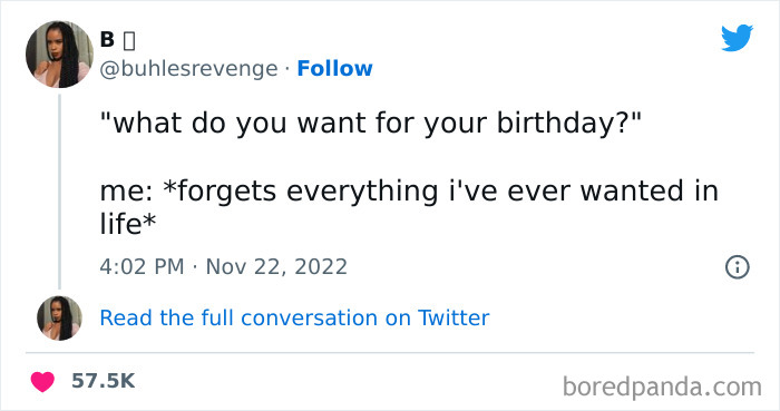 Tweet from a woman humorously forgetting all birthday present wishes, highlighting funniest tweets from women this week.
