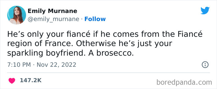 Tweet humor about fiancé clarifying fiancé status with a playful twist, featured in funniest tweets from women.