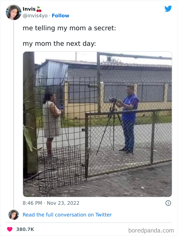 Woman sharing a funny tweet about moms, captured in a humorous outdoor setting with a man filming her, showcasing tweets from women.