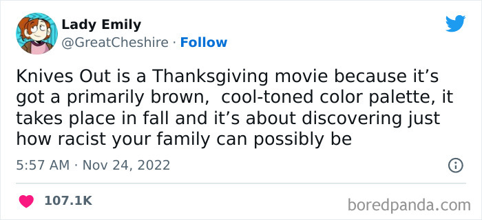 Funny tweet from a woman humorously describing Knives Out as a Thanksgiving movie with a brown, cool-toned color palette.