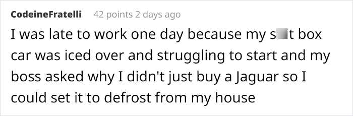 Comment highlighting privileged person's unrealistic statement about buying a Jaguar to defrost car, showing disconnect from reality.